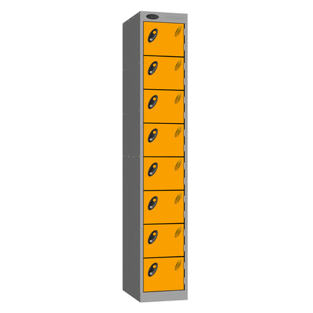 Probe Standard Metric Locker — 8 Door, Sloping Top, Double Width — Silver Carcass / Yellow Doors