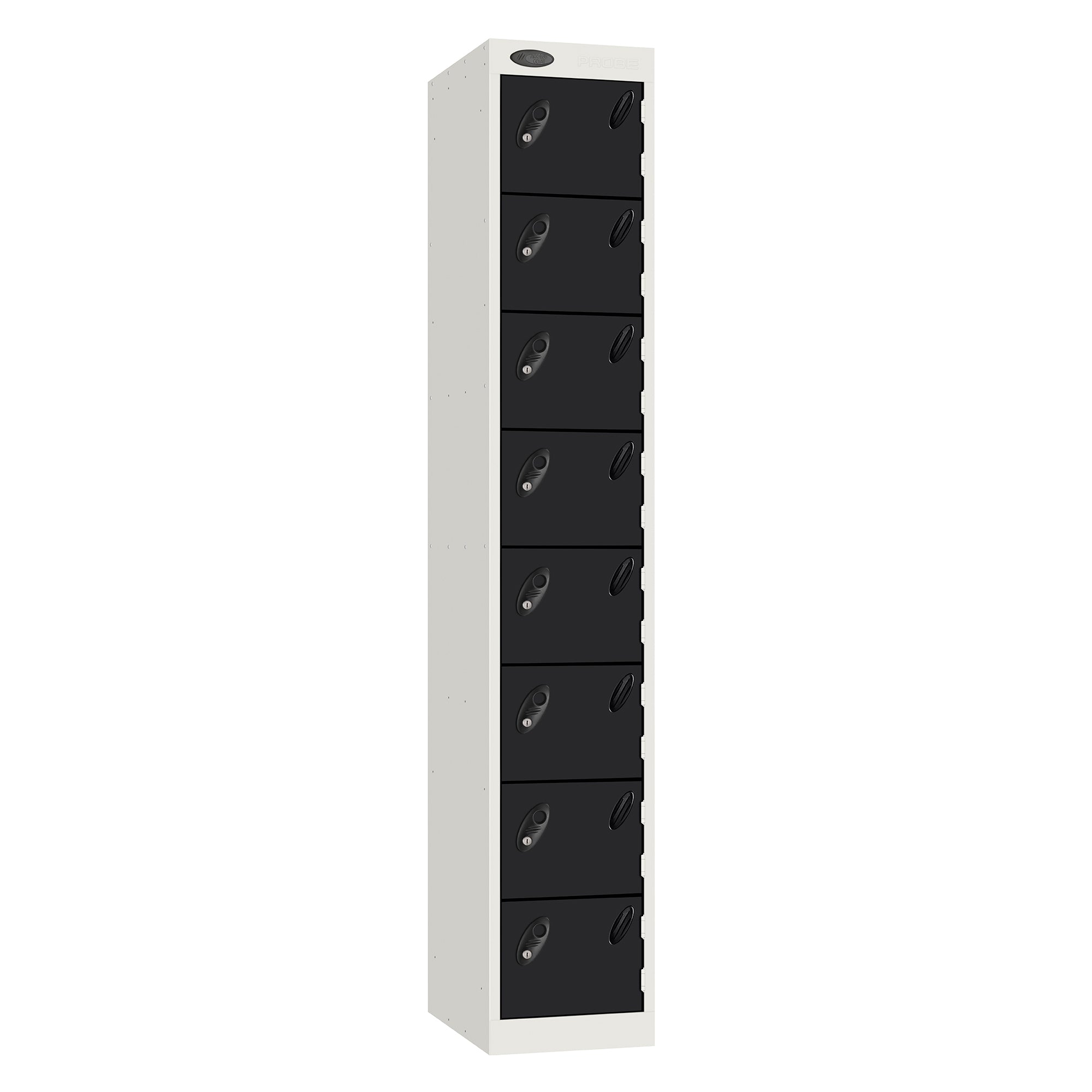 Probe Standard Metric Locker — 8 Door, Flat Top, Double Width — White Carcass / Black Doors