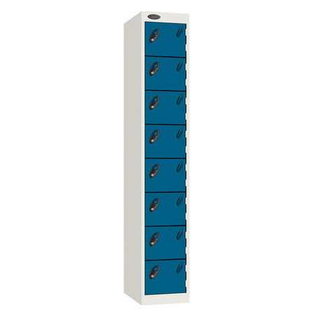Probe Standard Metric Locker — 8 Door, Flat Top, Triple Width — White Carcass / Blue Doors