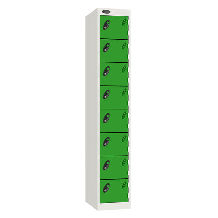 Probe Standard Metric Locker — 8 Door, Sloping Top, Double Width — White Carcass / Green Doors