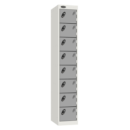 Probe Standard Metric Locker — 8 Door, Sloping Top, Double Width — White Carcass / Silver Doors