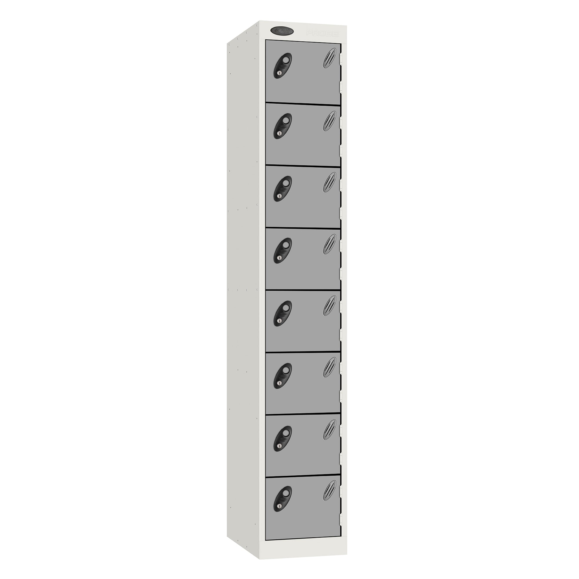 Probe Standard Metric Locker — 8 Door, Flat Top, Triple Width — White Carcass / Silver Doors