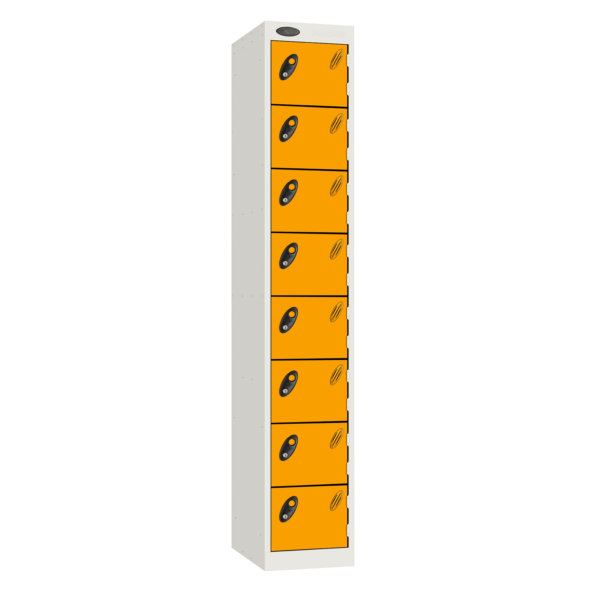 Probe Standard Metric Locker — 8 Door, Sloping Top, Double Width — White Carcass / Yellow Doors