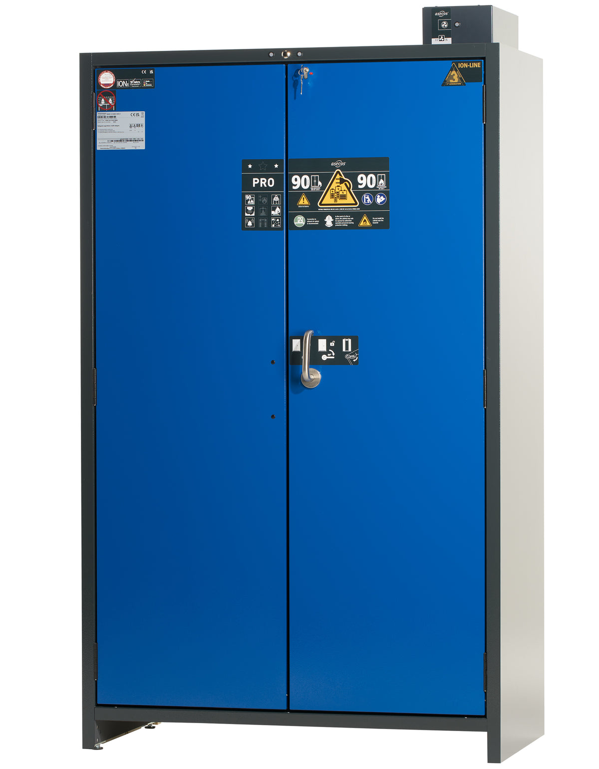 asecos ION-PRO-90 cabinet with doors closed and 3-point locking engaged