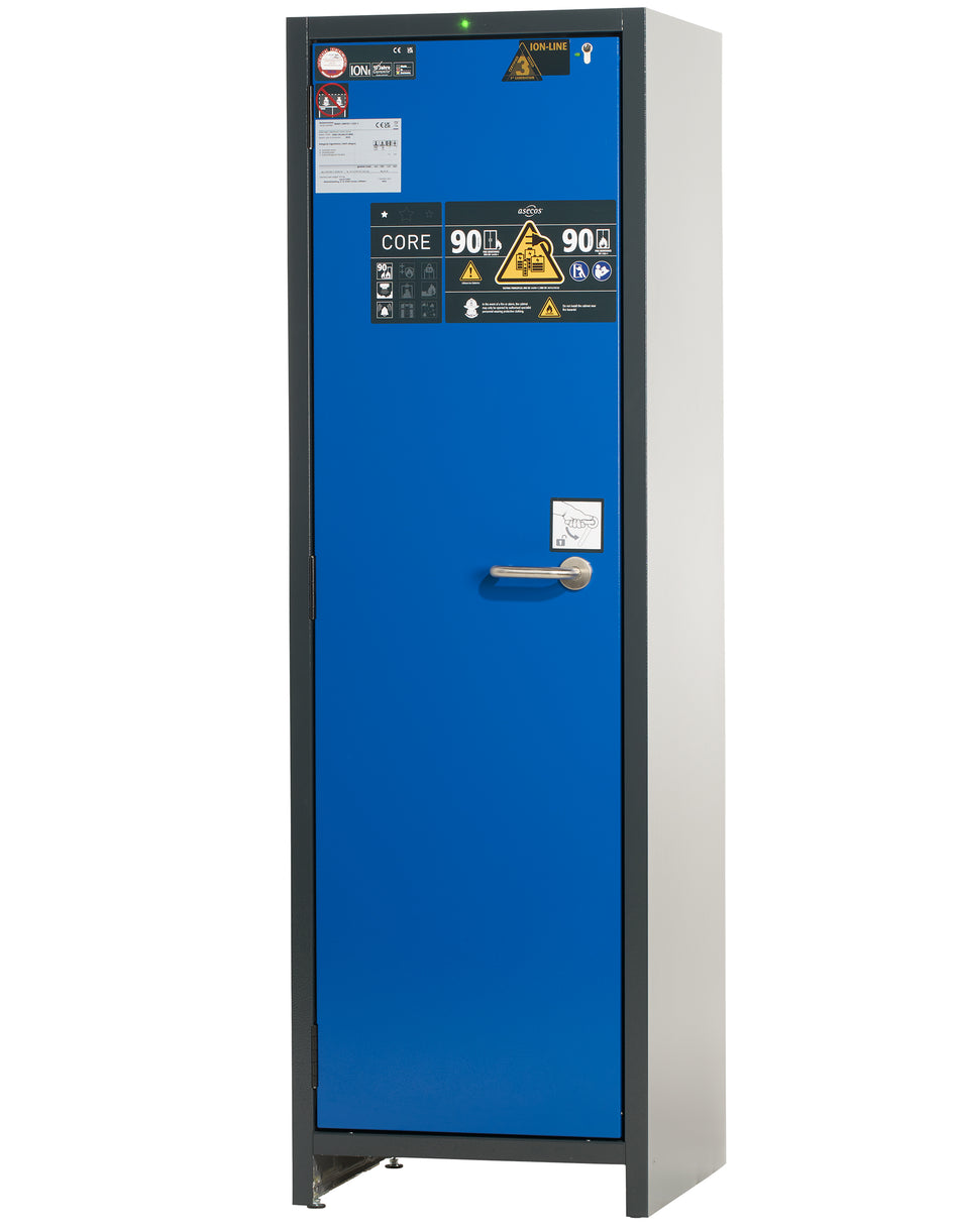 asecos ION-CORE-90 battery cabinet with doors open showing four insulated shelves and socket strips