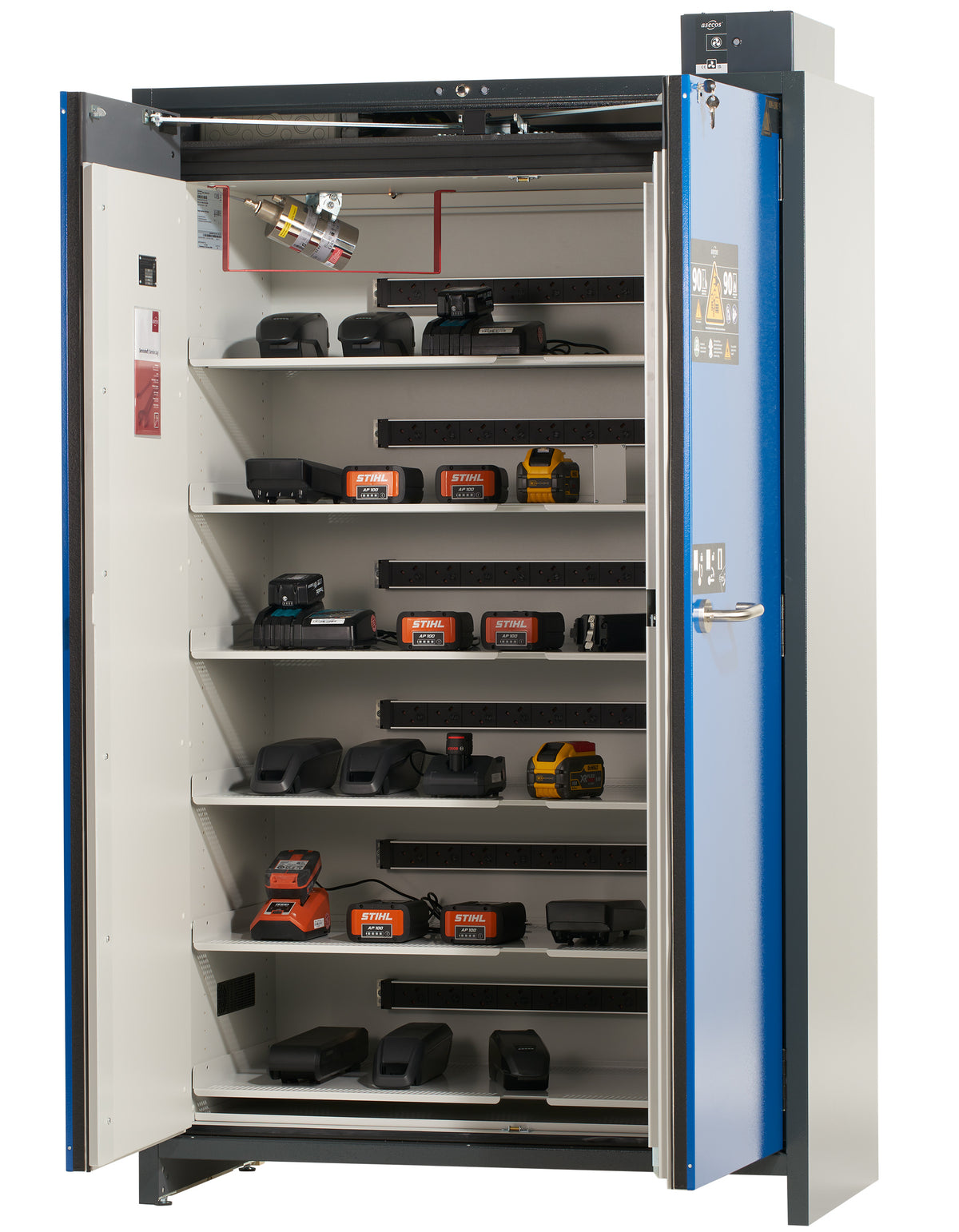 asecos ION-PRO-90 lithium battery charging cabinet in anthracite grey with gentian blue wing doors, in use