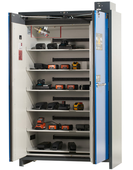 asecos ION-PRO-90 lithium battery charging cabinet in anthracite grey with gentian blue wing doors, in use