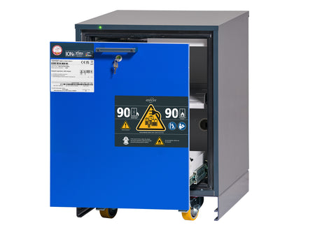 asecos ION-CORE-90 under bench lithium battery cabinet in anthracite grey with a gentian blue drawer front, shown fitted with optional castors
