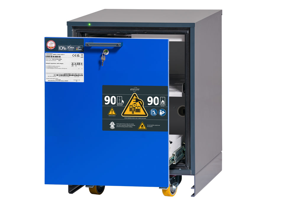 asecos ION-CORE-90 under bench lithium battery cabinet in anthracite grey with a gentian blue drawer front, shown fitted with optional castors