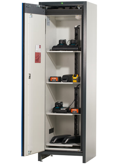 asecos ION-CORE-90 full height lithium battery charging cabinet in anthracite grey with gentian blue wing doors