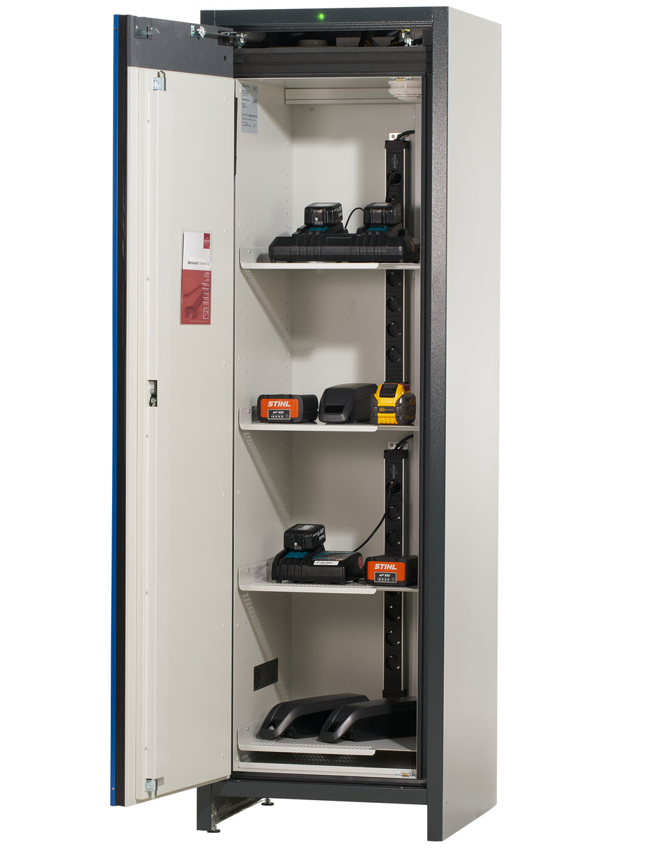 asecos ION-CORE-90 full height lithium battery charging cabinet in anthracite grey with gentian blue wing doors