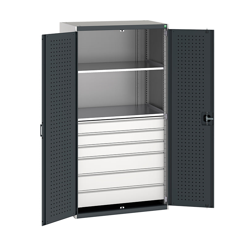 Bott Cubio Kitted Cupboard with Perfo Doors and Drawers 2000mm Light Grey with Anthracite Grey