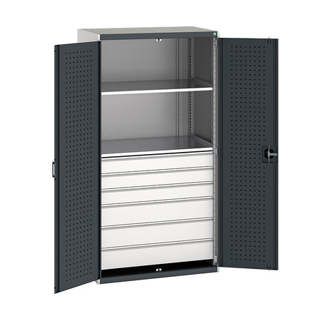 Bott Cubio Kitted Cupboard with Perfo Doors and Drawers 2000mm Light Grey with Anthracite Grey