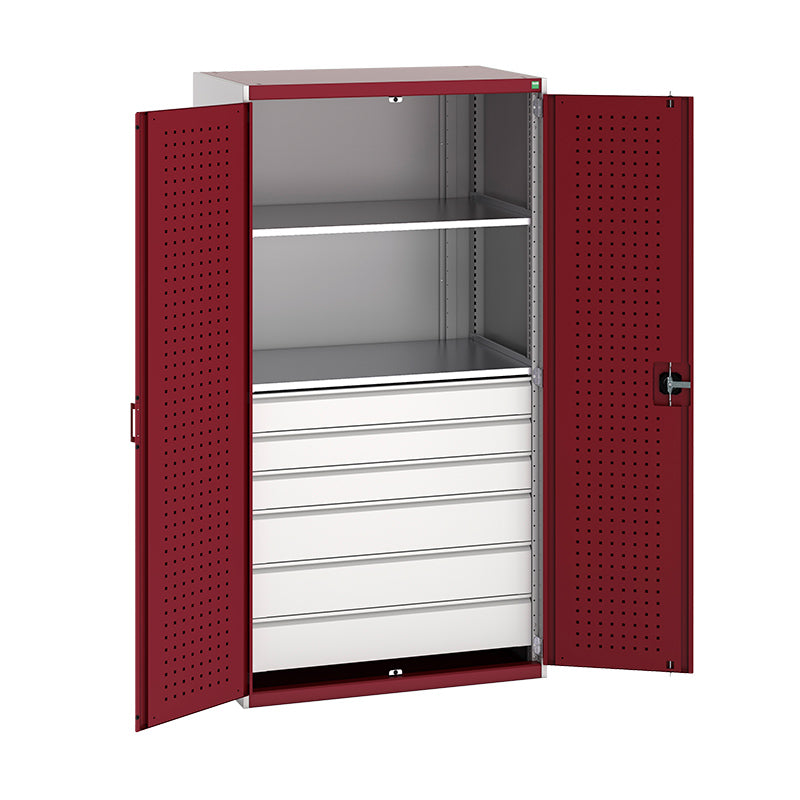 Bott Cubio Kitted Cupboard with Perfo Doors and Drawers 2000mm Light Grey with Crimson Red