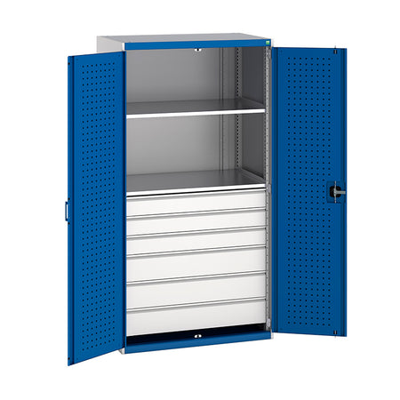 Bott Cubio Kitted Cupboard with Perfo Doors and Drawers 2000mm Light Grey with Gentian Blue