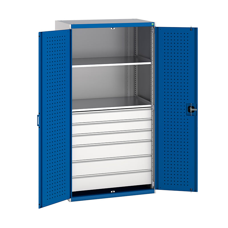 Bott Cubio Kitted Cupboard with Perfo Doors and Drawers 2000mm Light Grey with Gentian Blue