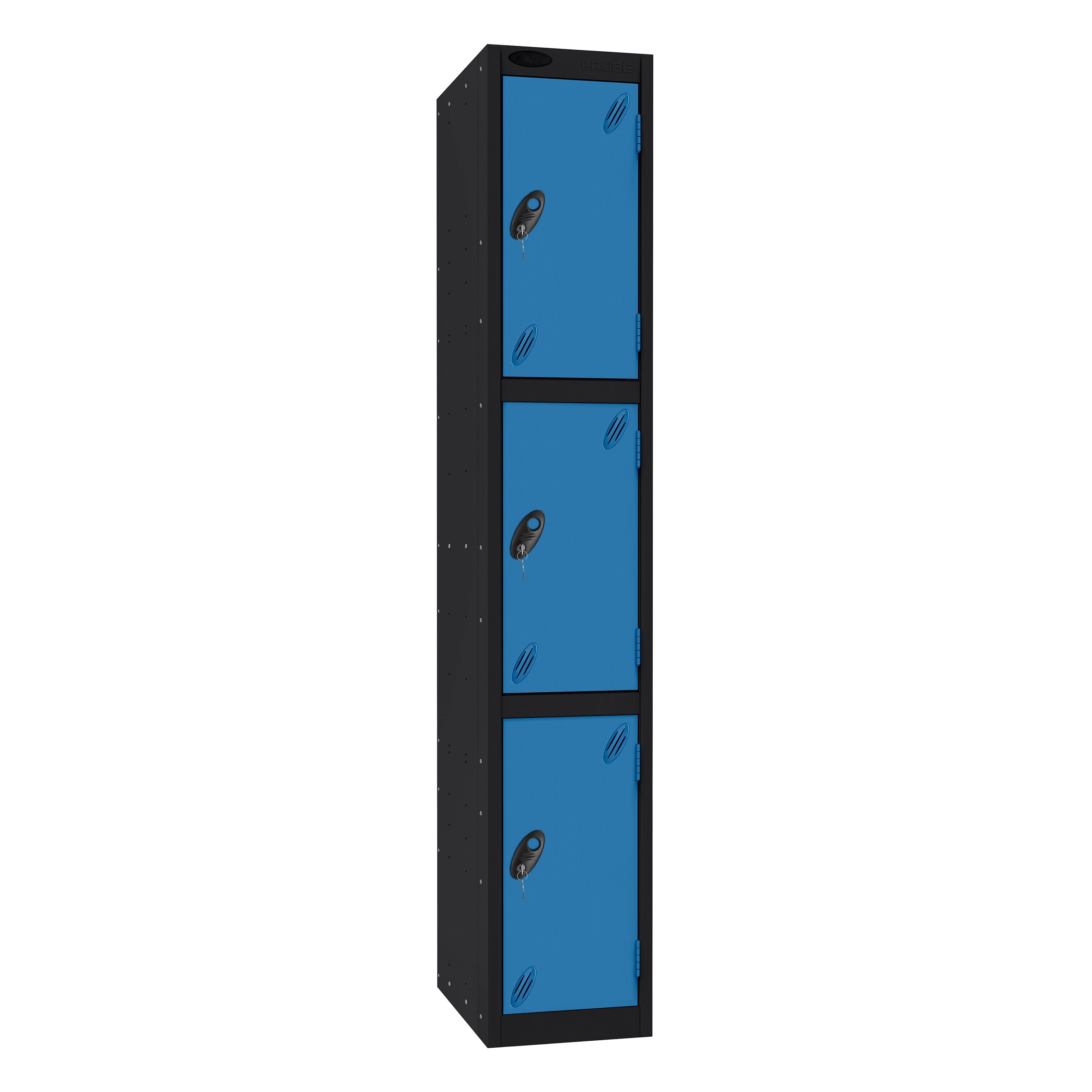Probe Standard Imperial Locker — 3 Door, Sloping Top, Triple Width — Black Carcass / Blue Doors