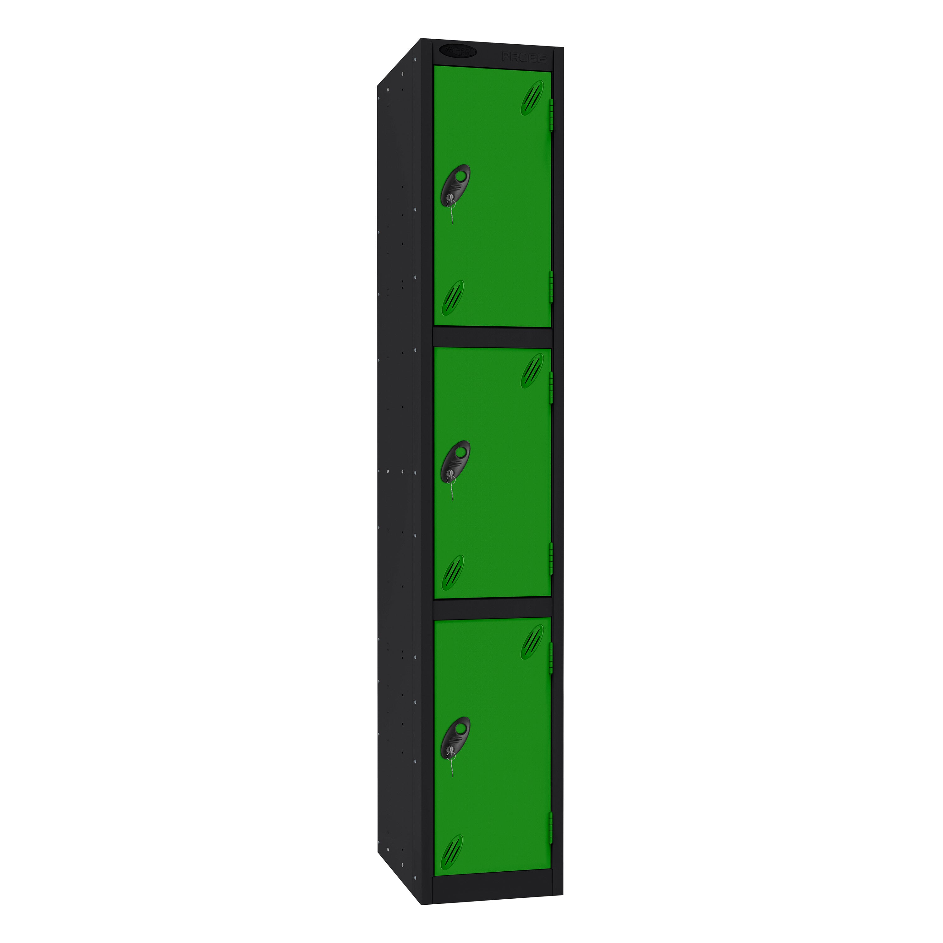 Probe Standard Imperial Locker — 3 Door, Sloping Top, Triple Width — Black Carcass / Green Doors
