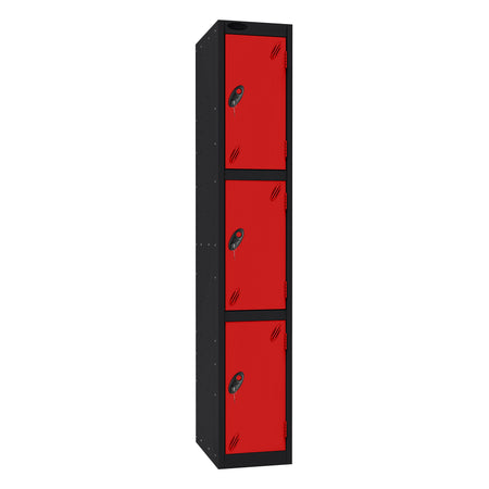 Probe Standard Imperial Locker — 3 Door, Flat Top, Triple Width — Black Carcass / Red Doors
