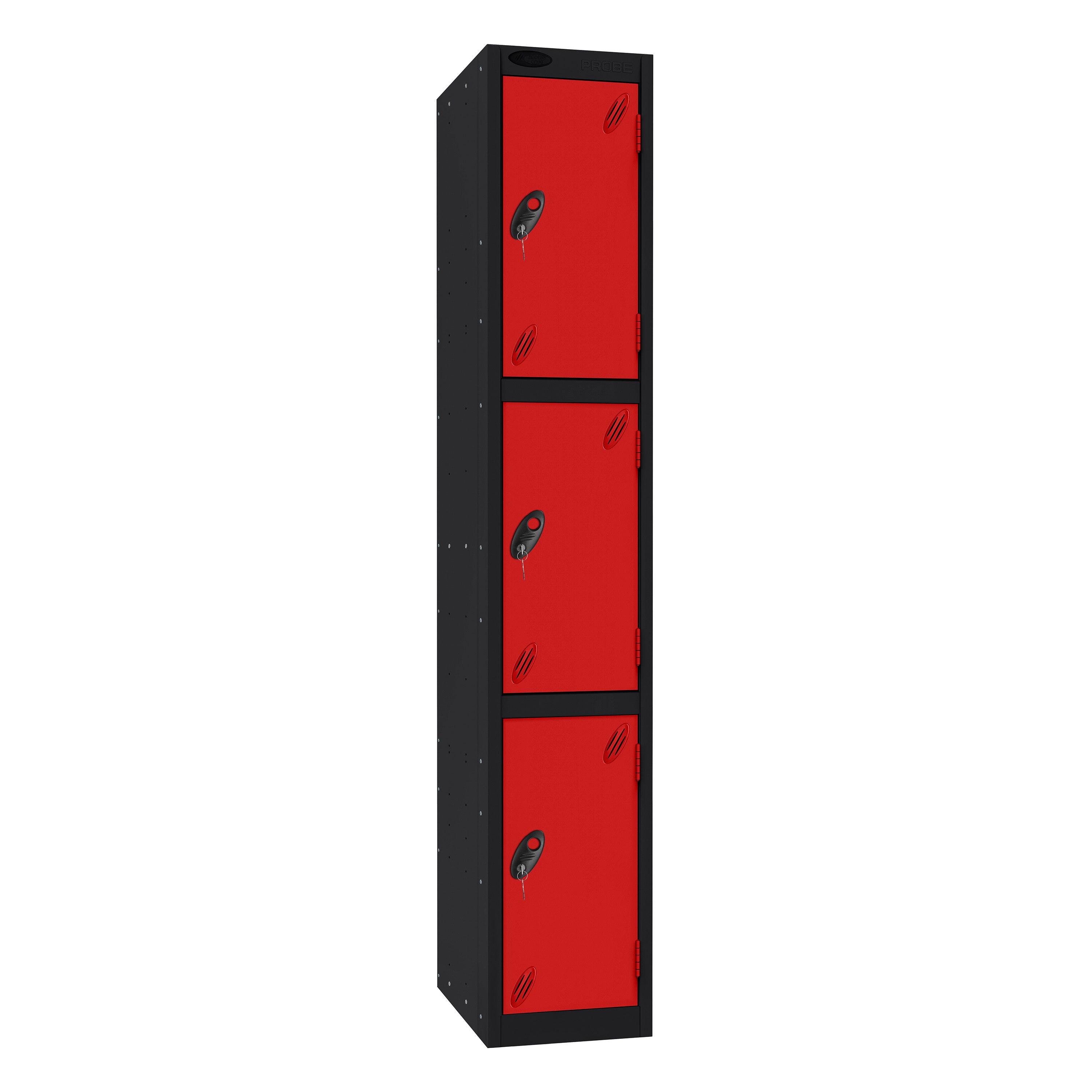 Probe Standard Imperial Locker — 3 Door, Sloping Top, Triple Width — Black Carcass / Red Doors