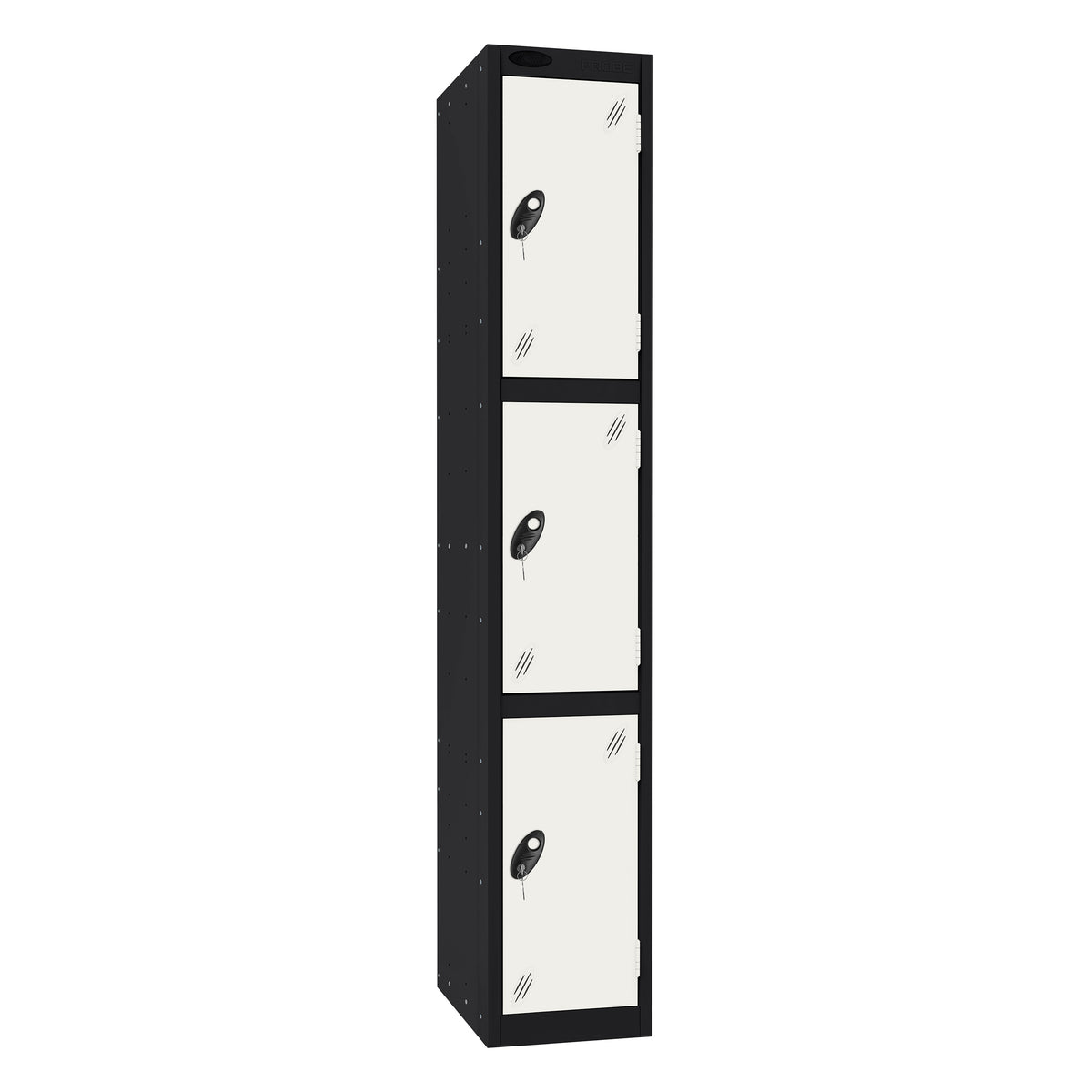 Probe Standard Imperial Locker — 3 Door, Flat Top, Triple Width — Black Carcass / White Doors
