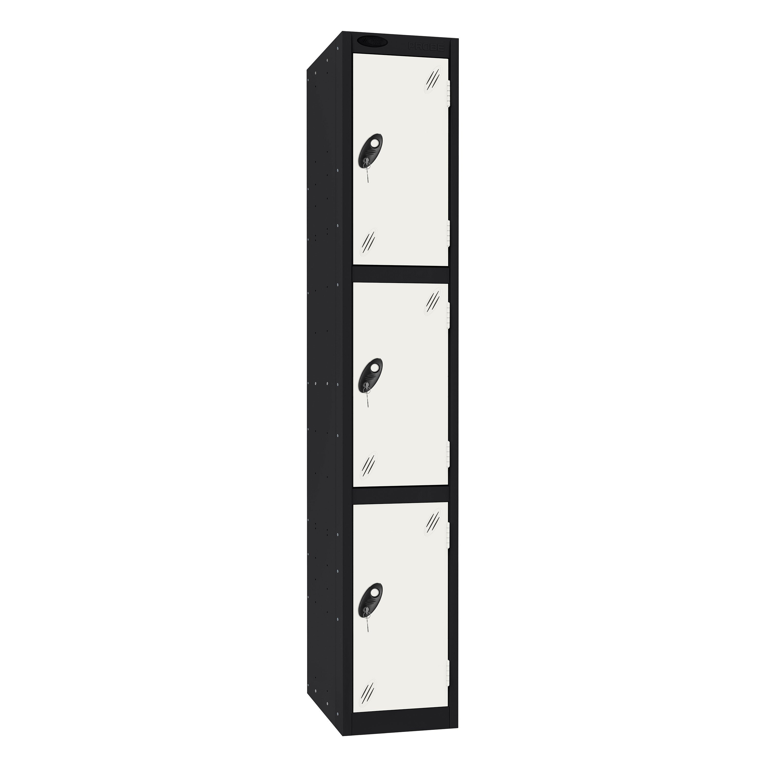 Probe Standard Imperial Locker — 3 Door, Sloping Top, Triple Width — Black Carcass / White Doors