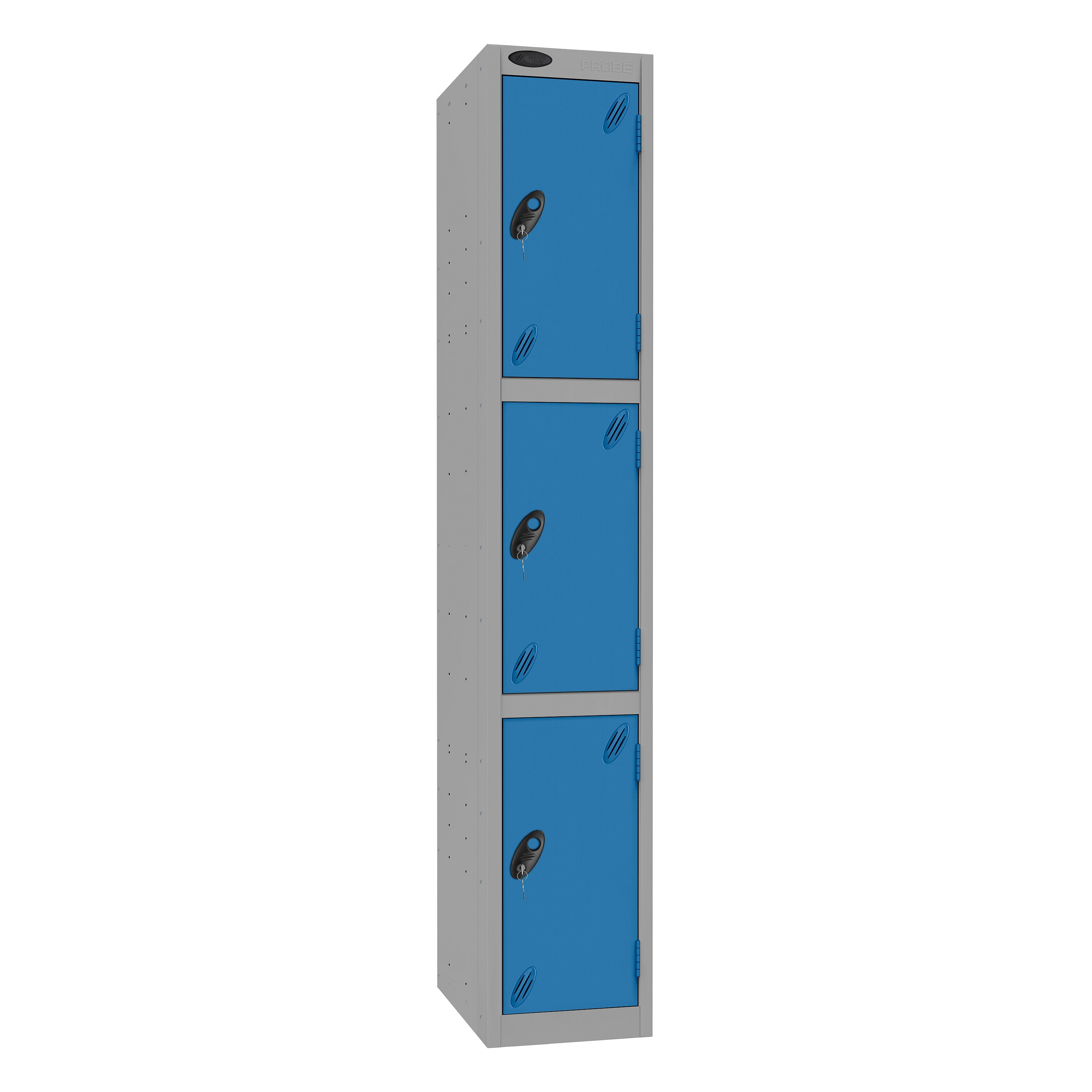 Probe Standard Imperial Locker — 3 Door, Flat Top, Triple Width — Silver Carcass / Blue Doors