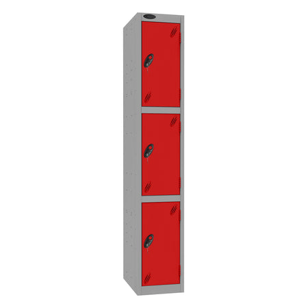 Probe Standard Imperial Locker — 3 Door, Sloping Top, Triple Width — Silver Carcass / Red Doors