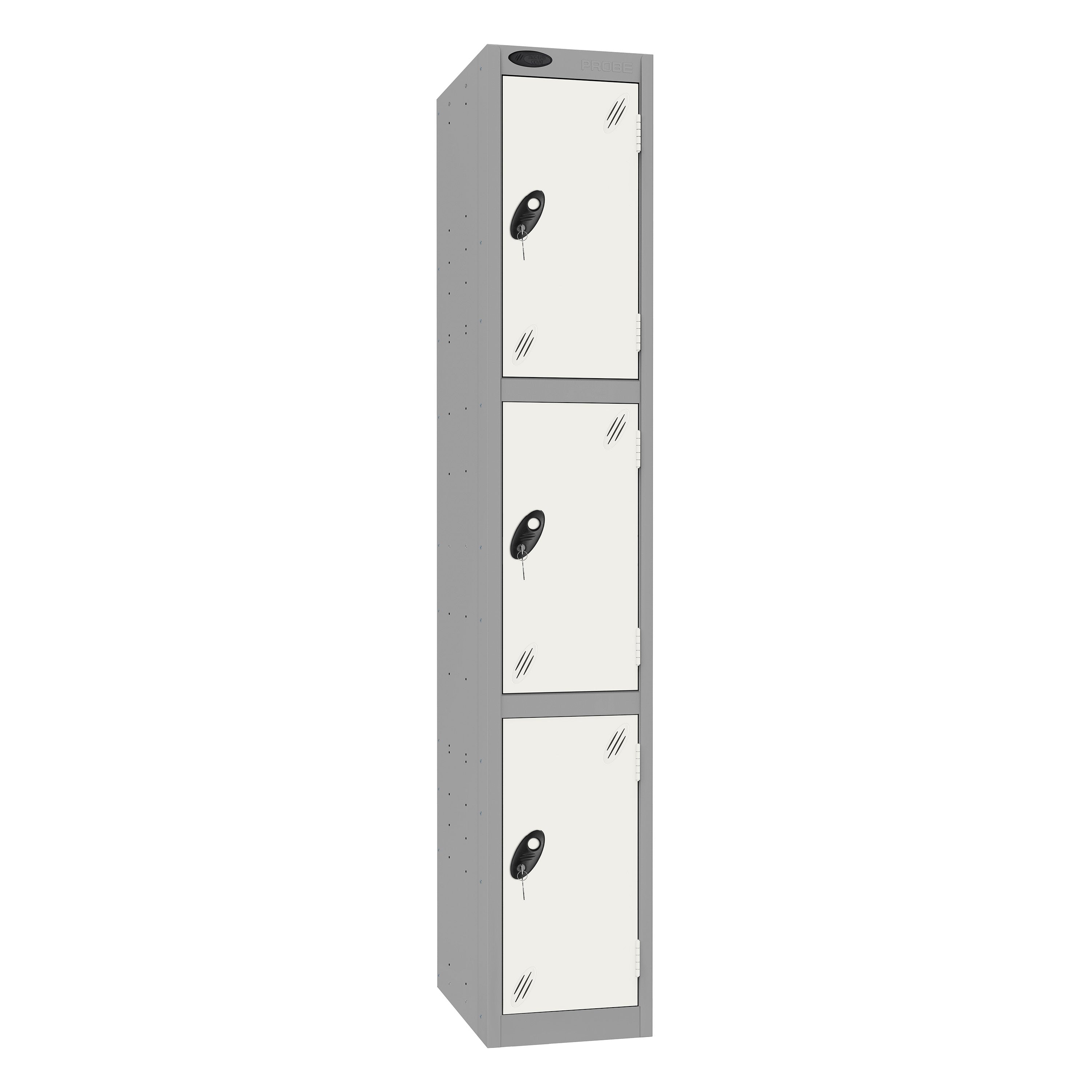 Probe Standard Imperial Locker — 3 Door, Sloping Top, Triple Width — Silver Carcass / White Doors