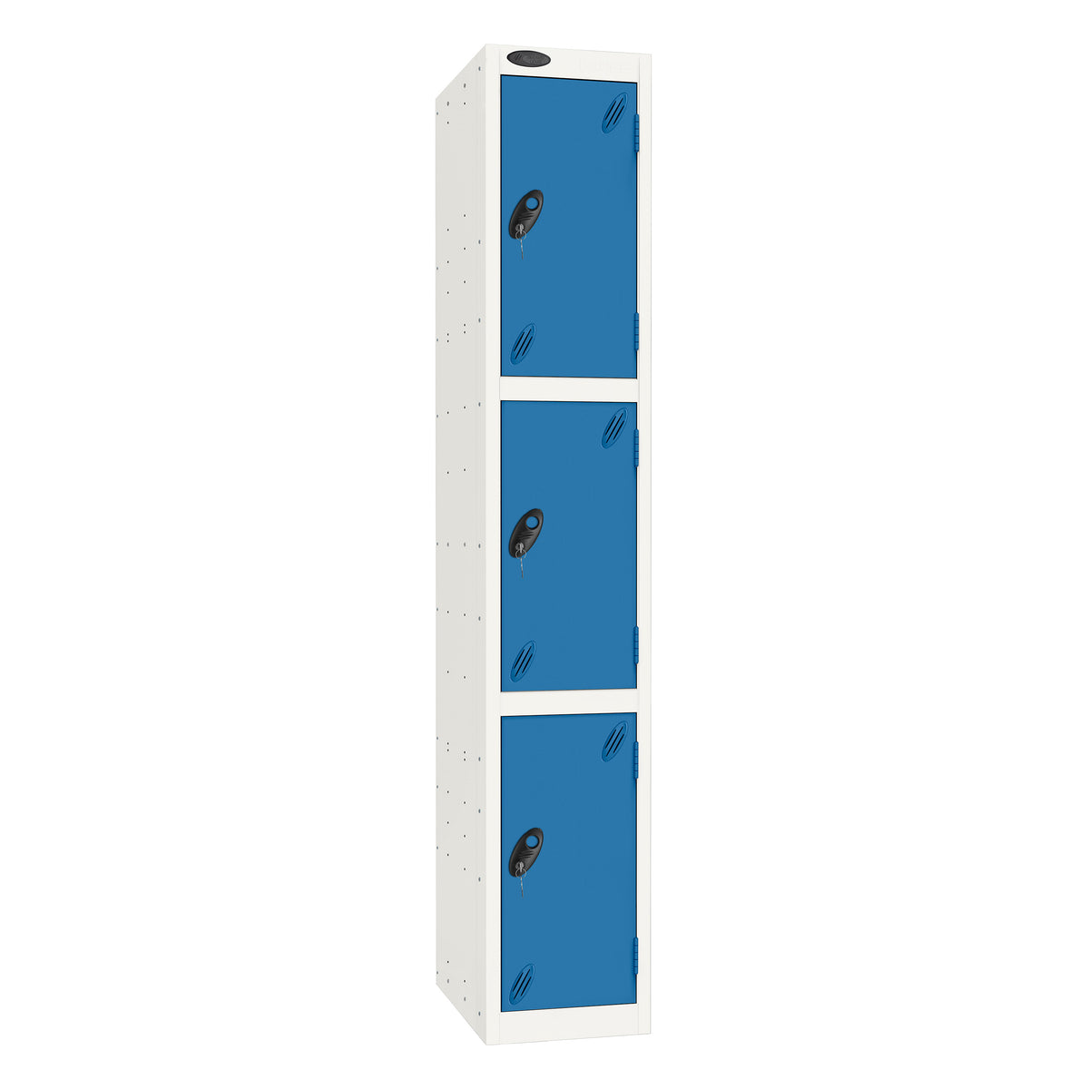 Probe Standard Imperial Locker — 3 Door, Flat Top, Triple Width — White Carcass / Blue Doors