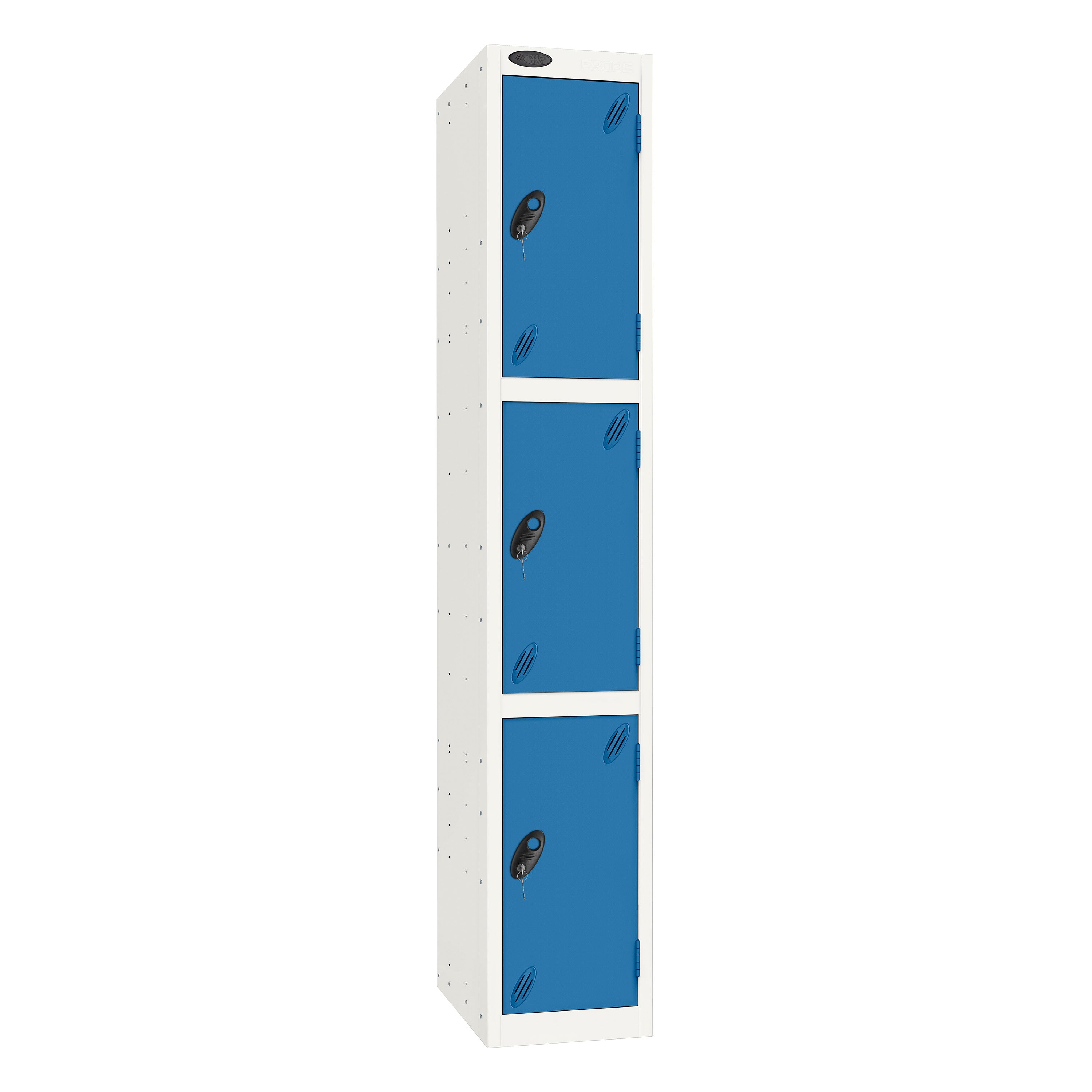 Probe Standard Imperial Locker — 3 Door, Flat Top, Triple Width — White Carcass / Blue Doors