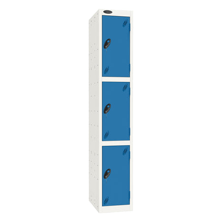 Probe Standard Imperial Locker — 3 Door, Sloping Top, Triple Width — White Carcass / Blue Doors