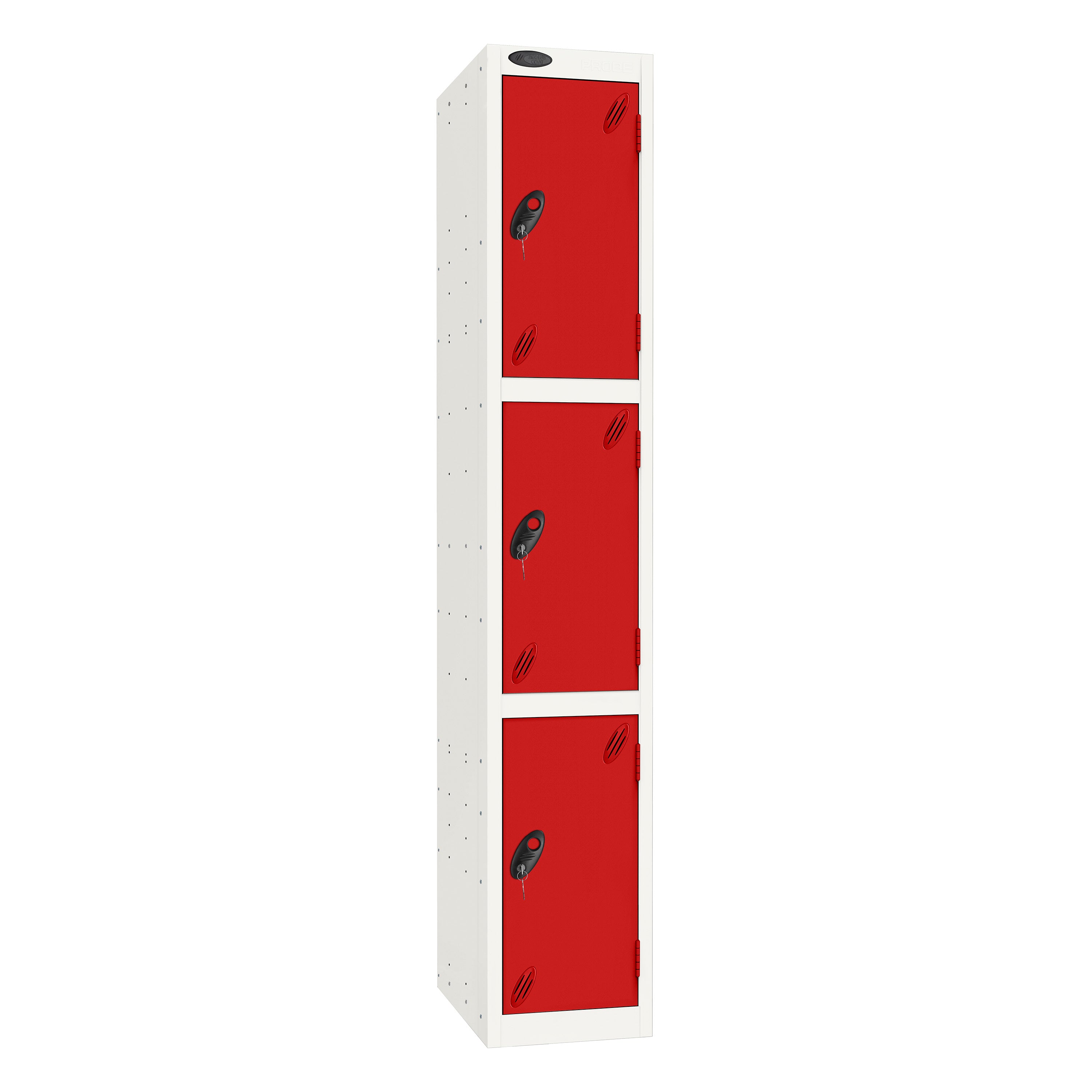 Probe Standard Imperial Locker — 3 Door, Sloping Top, Triple Width — White Carcass / Red Doors