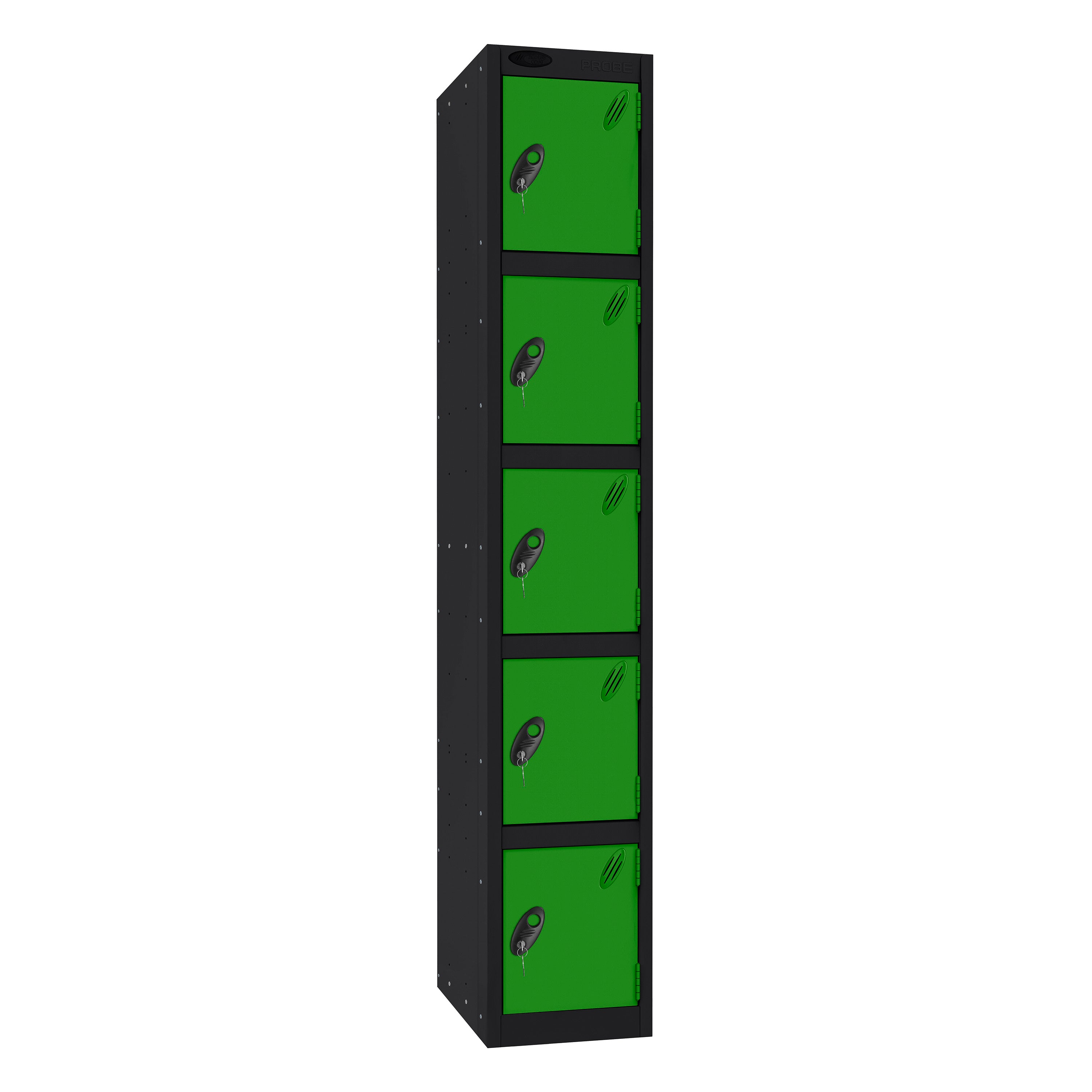 Probe Standard Imperial Locker — 5 Door, Flat Top, Triple Width — Black Carcass / Green Doors