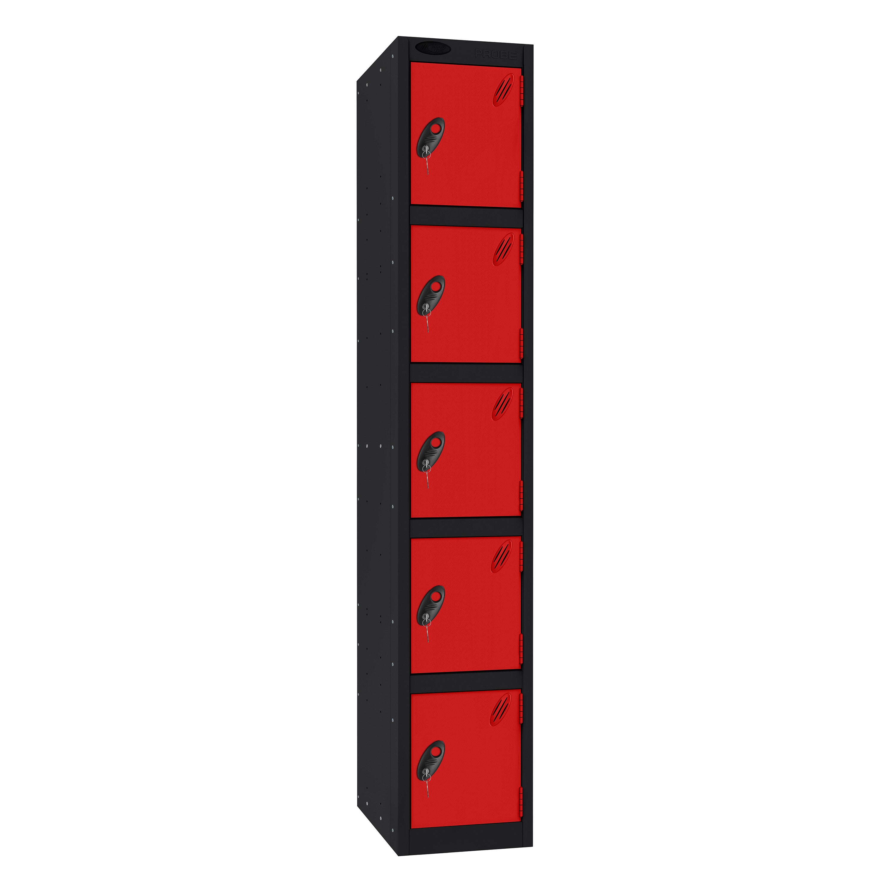 Probe Standard Imperial Locker — 5 Door, Sloping Top, Triple Width — Black Carcass / Red Doors