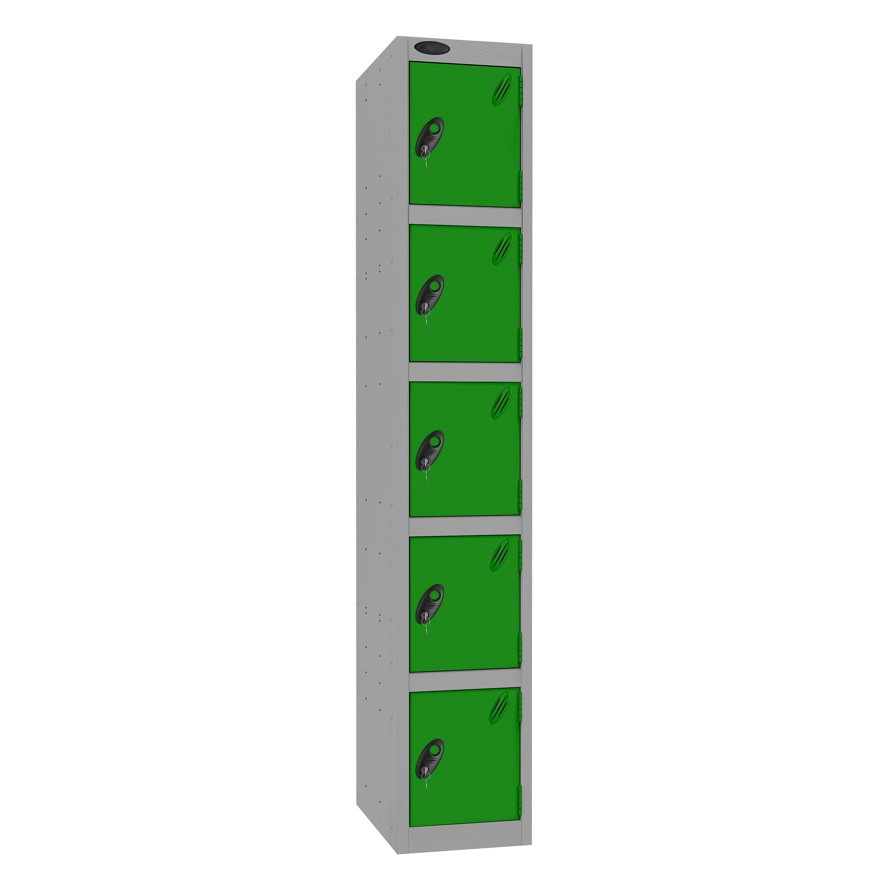 Probe Standard Imperial Locker — 5 Door, Sloping Top, Triple Width — Silver Carcass / Green Doors