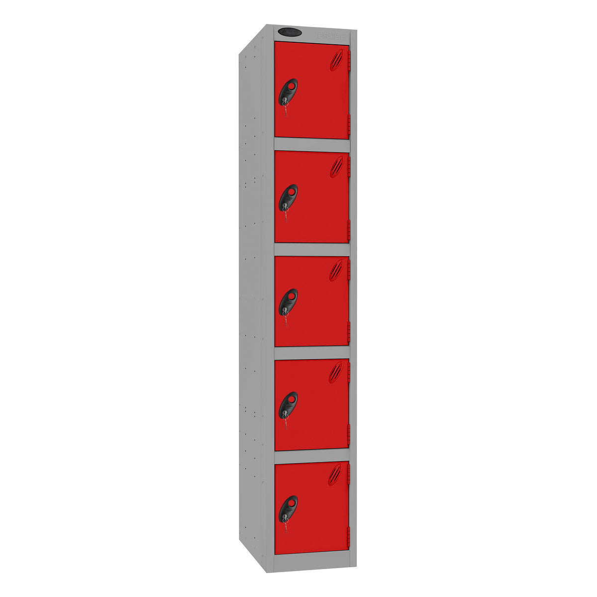 Probe Standard Imperial Locker — 5 Door, Sloping Top, Triple Width — Silver Carcass / Red Doors