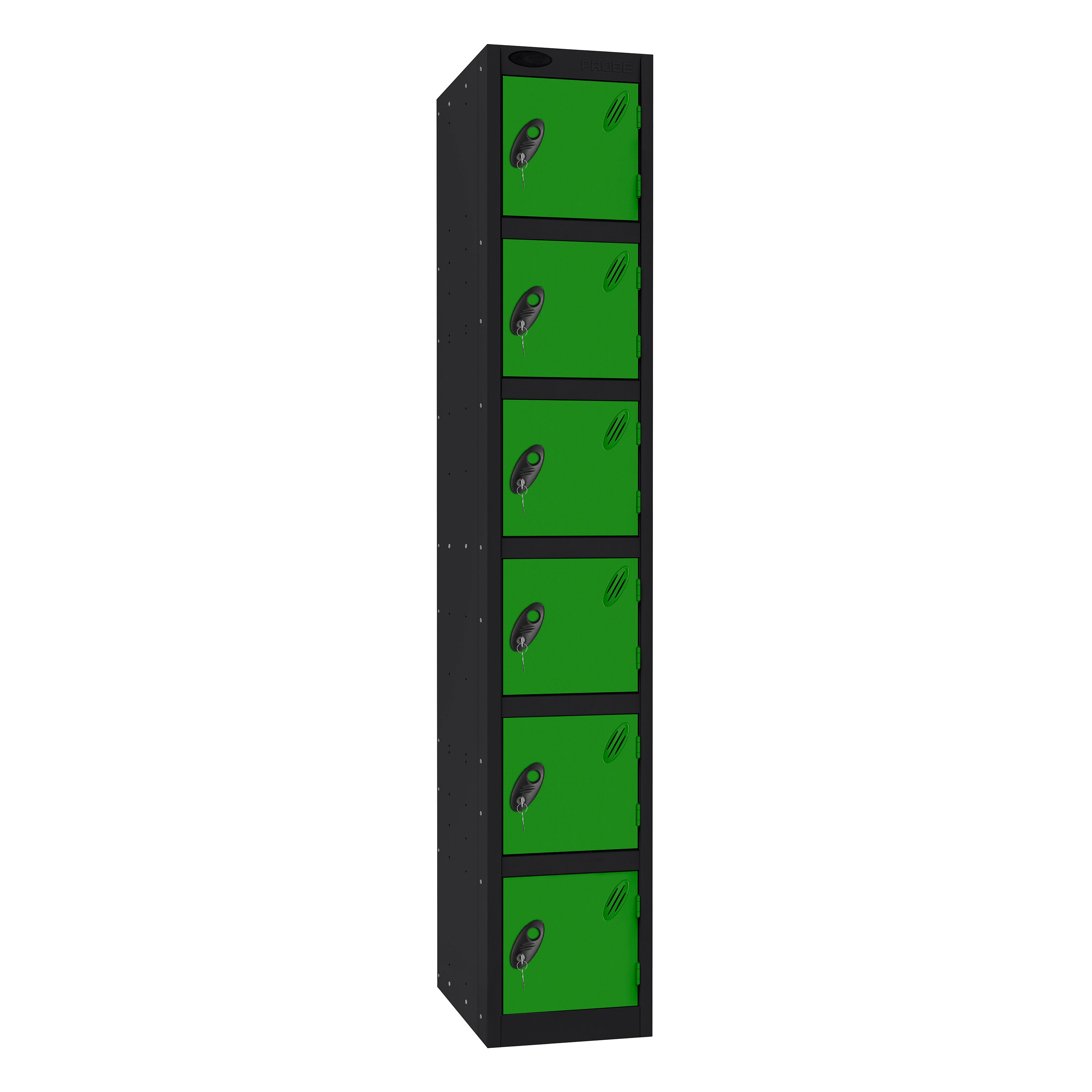 Probe Standard Imperial Locker — 6 Door, Sloping Top, Double Width — Black Carcass / Green Doors