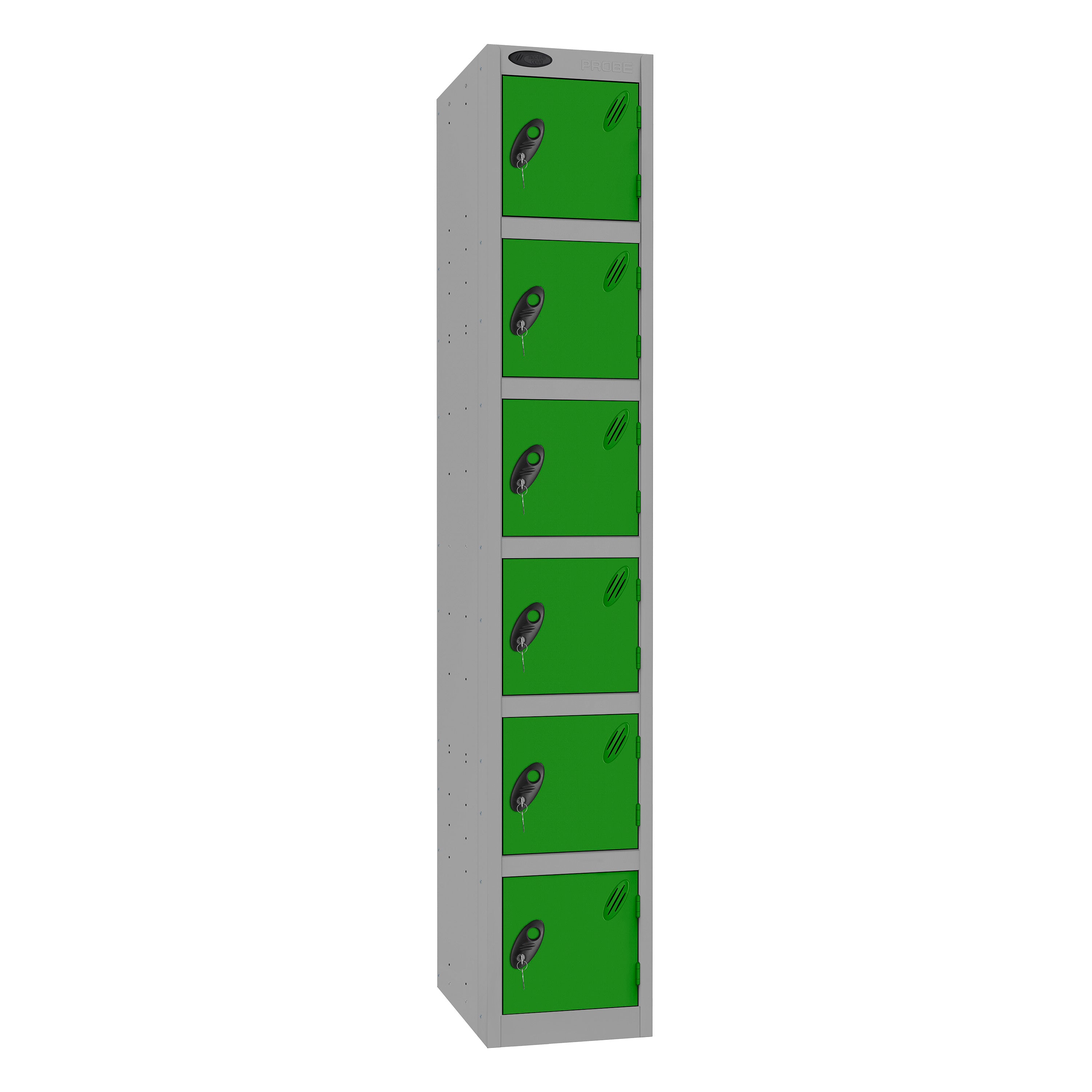 Probe Standard Imperial Locker — 6 Door, Sloping Top, Triple Width — Silver Carcass / Green Doors