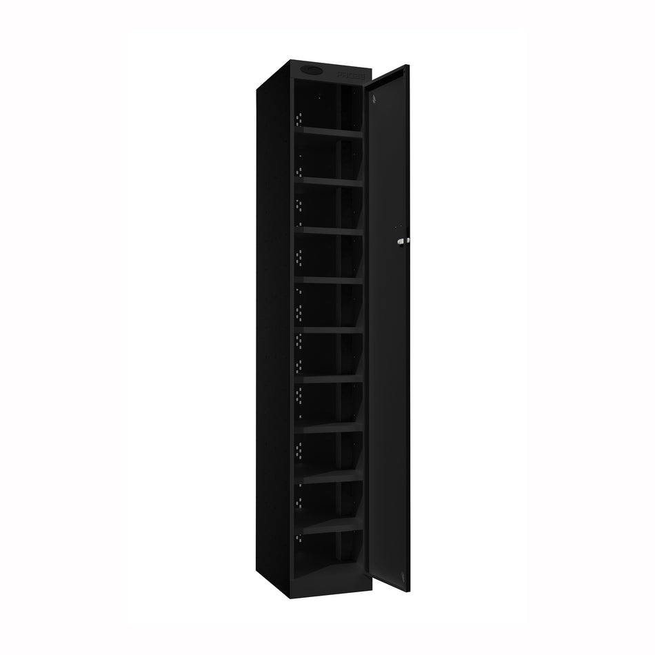 Probe PowerBox Locker — 10 Door, Flat Top, 3-Pin UK Mains Charging — Black Carcass / Black Doors