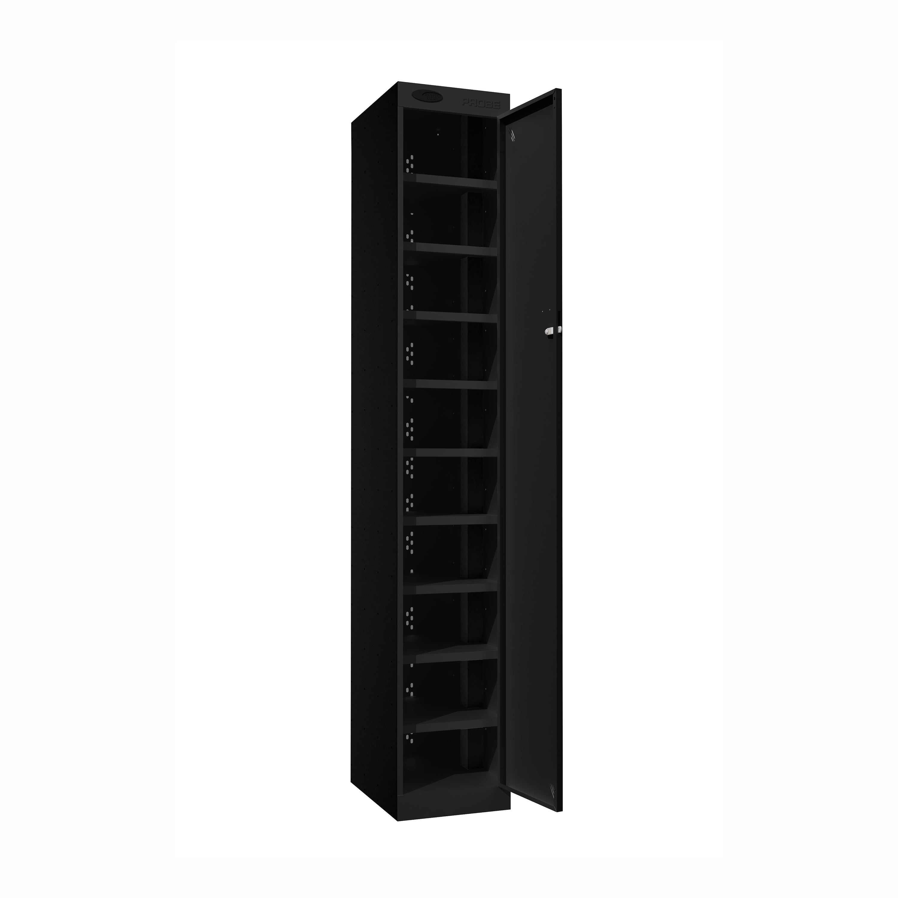 Probe PowerBox Locker — 10 Door, Flat Top, USB-A + USB-C Charging — Black Carcass / Black Doors