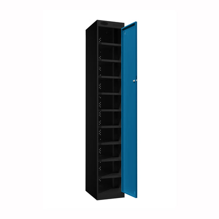 Probe PowerBox Locker — 10 Door, Flat Top, 3-Pin UK Mains Charging — Black Carcass / Blue Doors