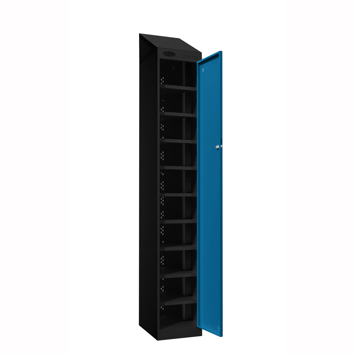 Probe PowerBox Locker — 10 Door, Sloping Top, USB-A + USB-C Charging — Black Carcass / Blue Doors