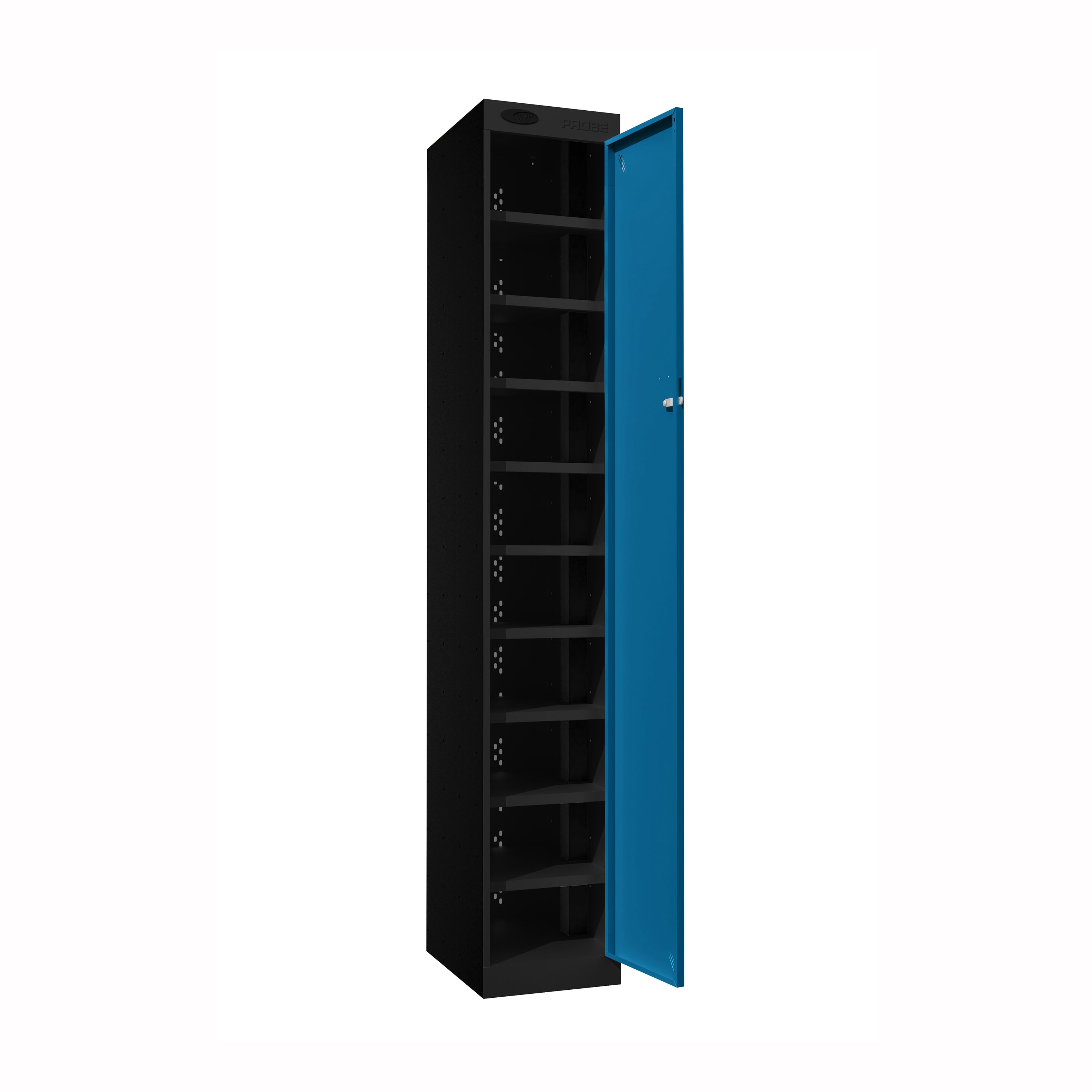 Probe PowerBox Locker — 10 Door, Flat Top, 3-Pin Mains + USB-A + USB-C Charging — Black Carcass / Blue Doors