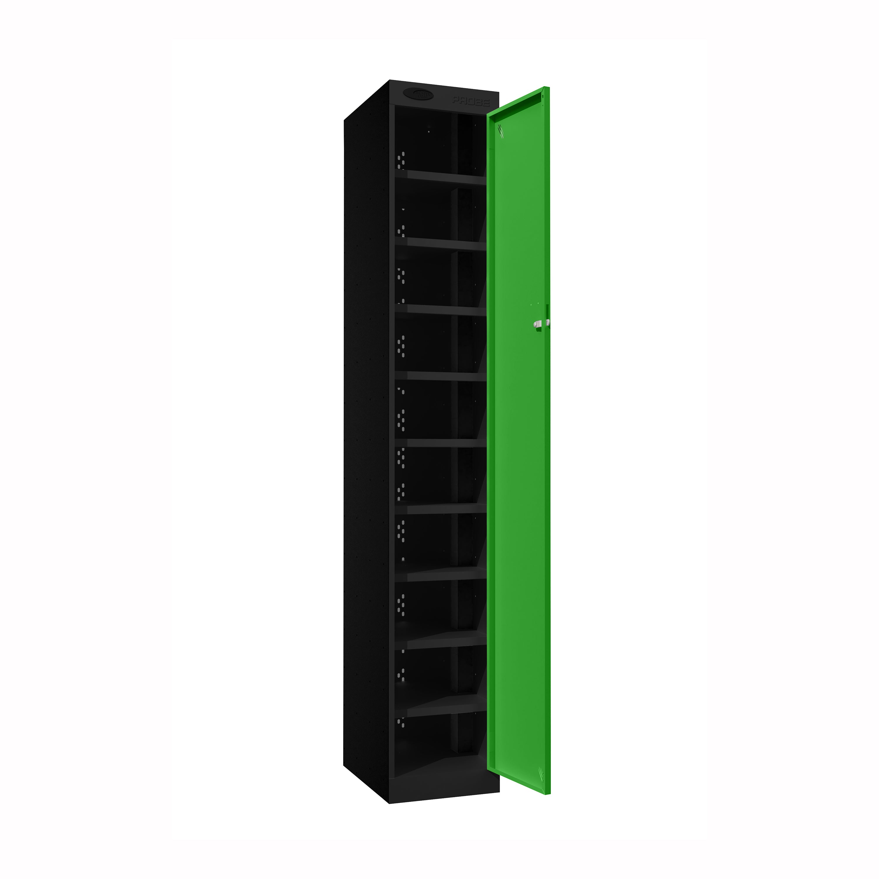 Probe PowerBox Locker — 10 Door, Flat Top, USB-A + USB-C Charging — Black Carcass / Green Doors