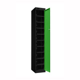Probe PowerBox Locker — 10 Door, Flat Top, 3-Pin Mains + USB-A + USB-C Charging — Black Carcass / Green Doors