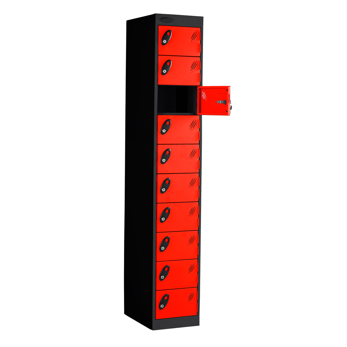 Probe PowerBox Locker — 10 Door, Flat Top, 3-Pin Mains + USB-A + USB-C Charging — Black Carcass / Red Doors