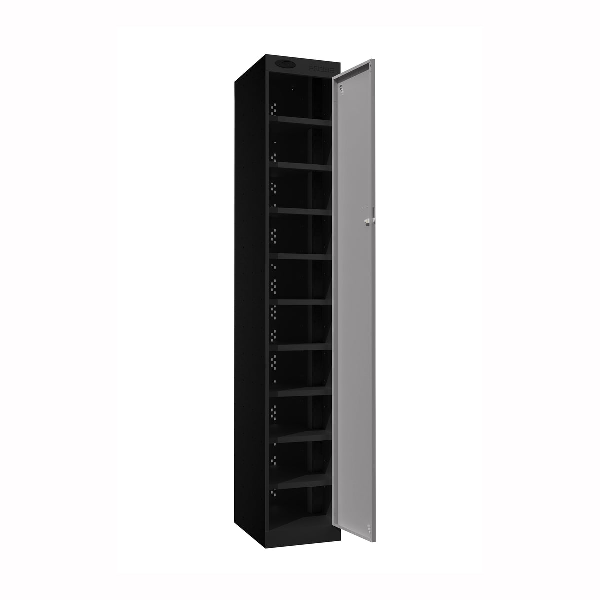 Probe PowerBox Locker — 10 Door, Flat Top, USB-A + USB-C Charging — Black Carcass / Silver Doors
