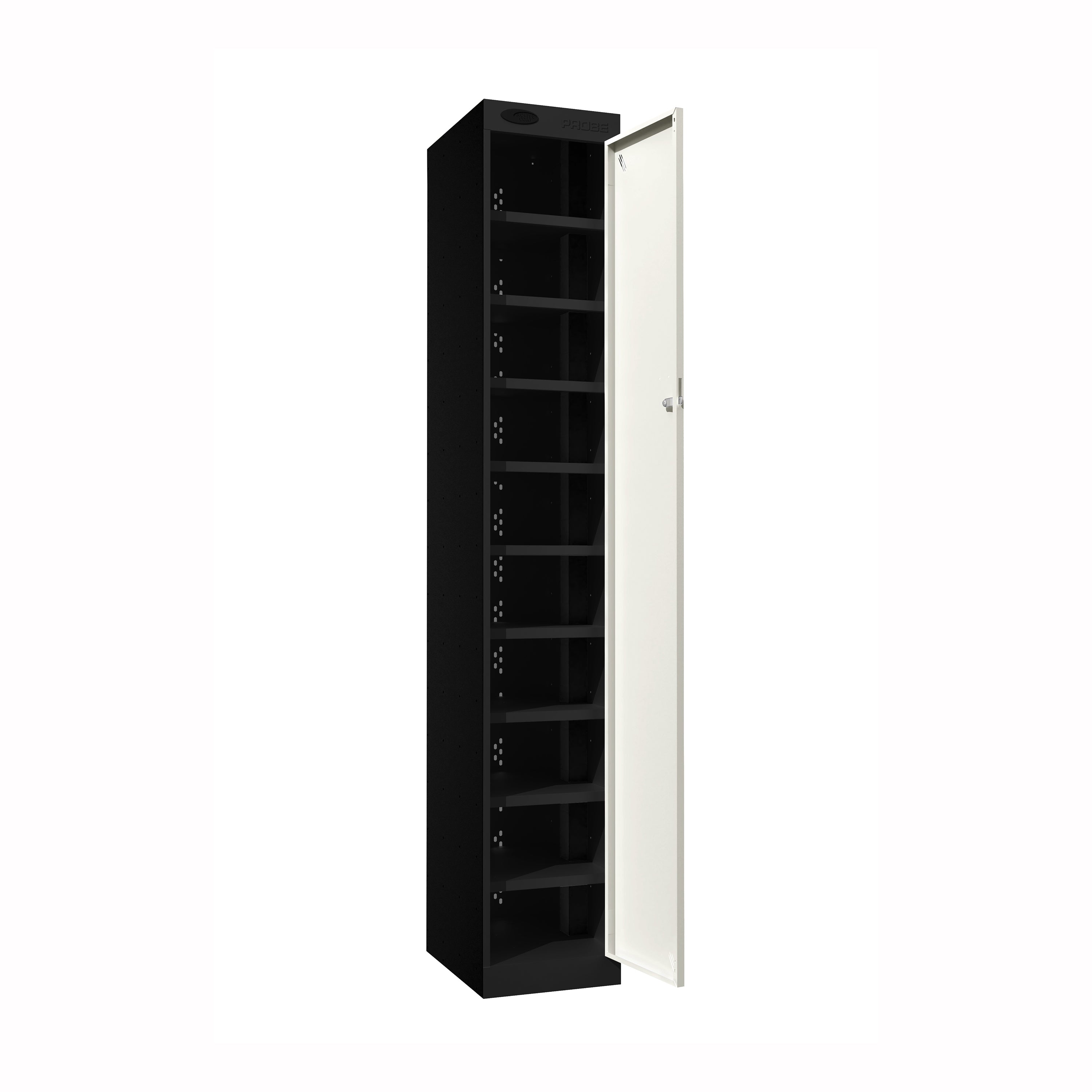 Probe PowerBox Locker — 10 Door, Flat Top, 3-Pin UK Mains Charging — Black Carcass / White Doors