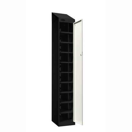 Probe PowerBox Locker — 10 Door, Sloping Top, USB-A + USB-C Charging — Black Carcass / White Doors